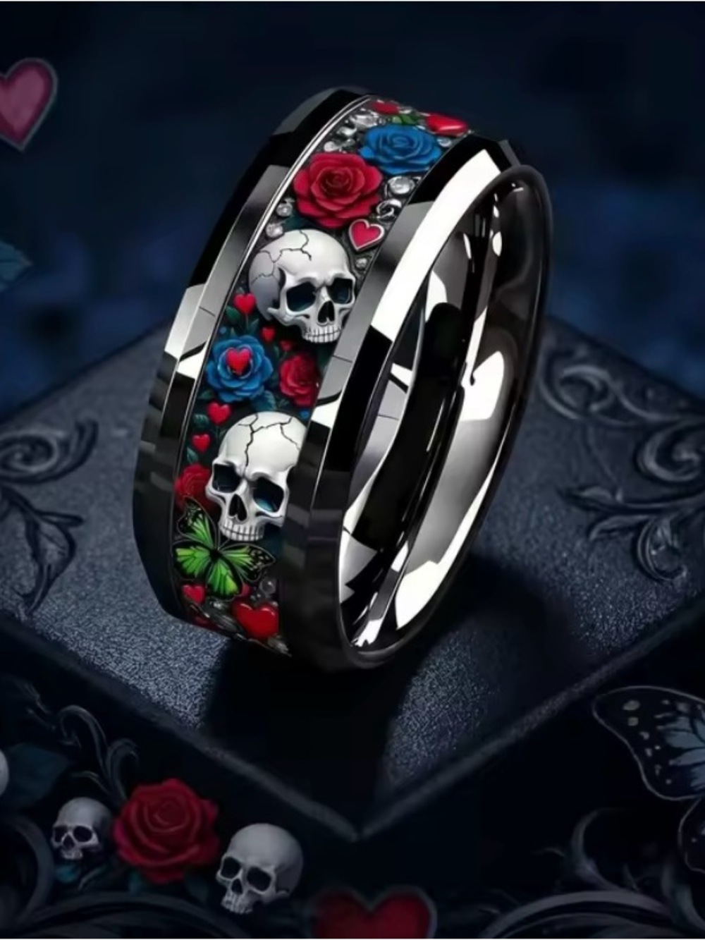 Skull And Roses Ring For Men, Size 11, Skull Ring, Fashion Ring, Stainless Steel